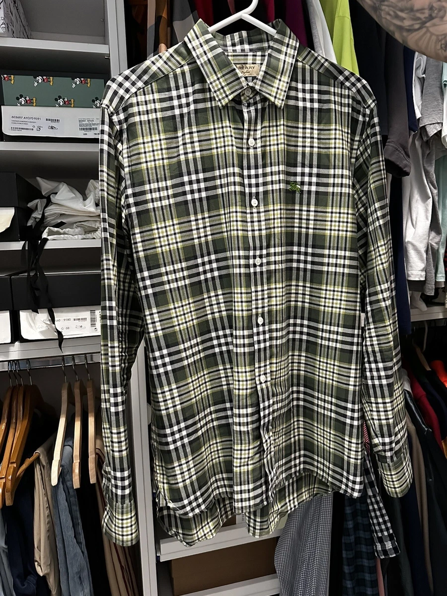 Burberry London England Green Plaid Check Long Sleeve Button up Shirt Large