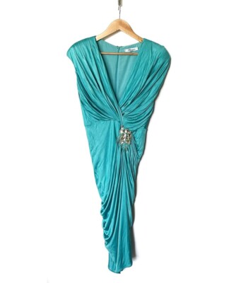 Blumarine Y2K Crystal Embellished Ruched Bodycon Midi Dress Size IT 44 Turquoise