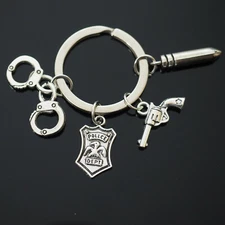 Vintage Silver Love Police Gun Cuffs Bullet Badge Charms Pendants Keychain Gift