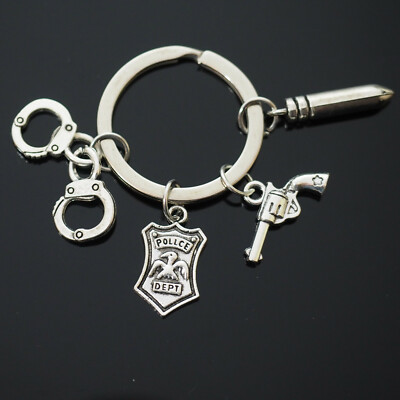 Vintage Silver Love Police Gun Cuffs Bullet Badge Charms Pendants Keychain Gift