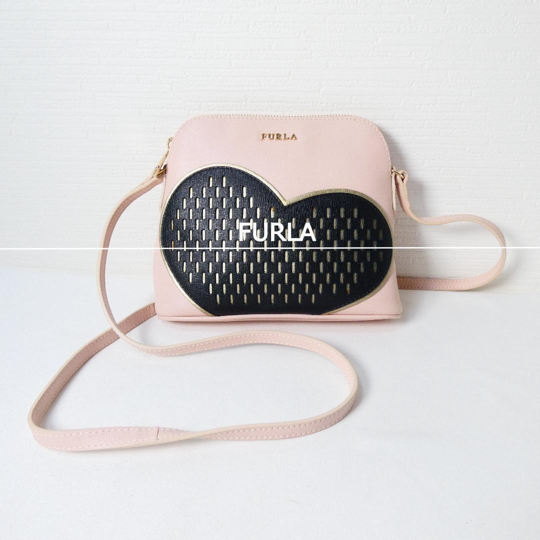 FURLA Leather Heart Mini Shoulder Bag Pochette Pink beige