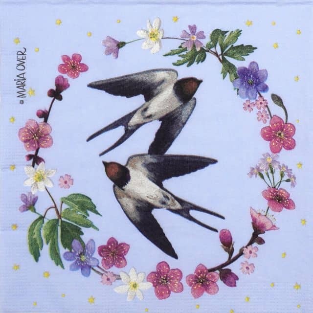 4x Swallows Flower Wreath Decoupage Napkins  33x33cm, PPD Brand, Craft Use