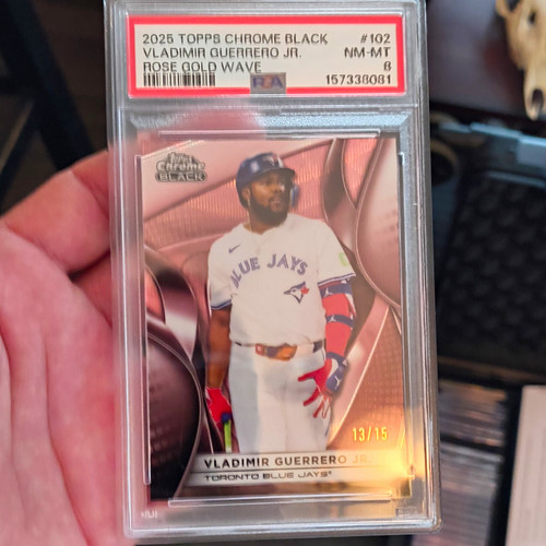 Topps 2025 Chrome Black Vladimir Guerrero Jr #102 Rose Gold Wave /15 PSA 8