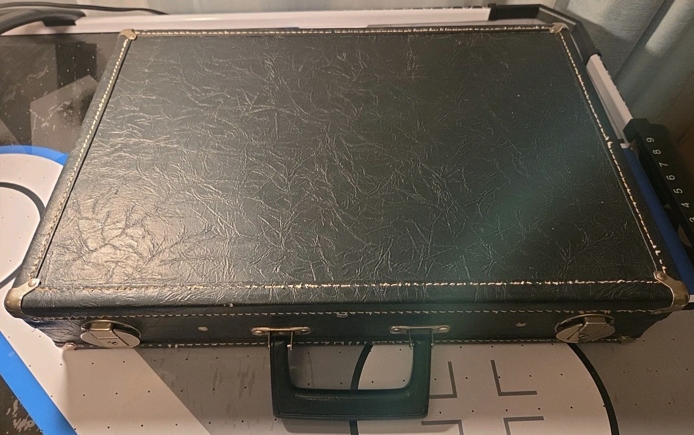 Vintage Stitched Black Briefcase Brief Case Hard Shell Silve