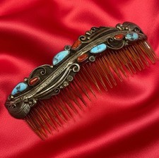 VINTAGE Southwestern / Native American Hair Comb w/ Turquoise  Silver OOAK