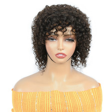 Brown Human Hair Short Curly Wig With Bangs Fluffy Tight Small Curls Women Daily