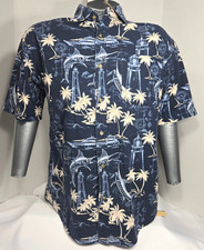PURITAN Mens Blue Hawaiian Shirt Sz Medium Beachy Palm Trees Collared Button Up