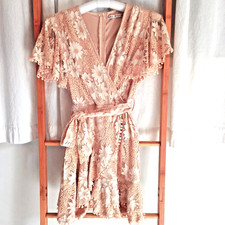 SAINTS + SECRETS Blush Lace Wrap Dress Pom Trim – Size 8 special occasion