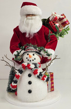 Standing Santa Claus Wood Base Decorative Figure W/Snowman  Bag Of Presents 16"