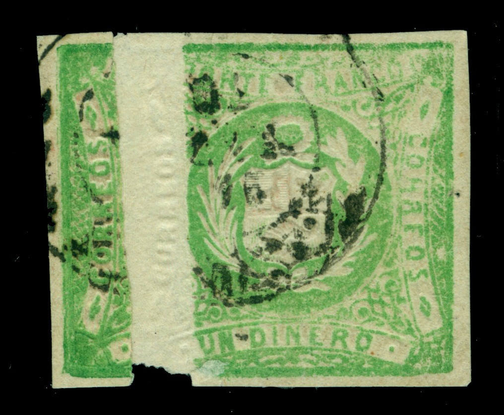 PERU 1868 Coat of Arms 1d green  Sc# 14 used VF showing overlapping PAPER SPLIT