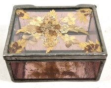Vintage Stained Glass Trinket Box Pressed Yellow Flowers Mirror Interior 4 x3