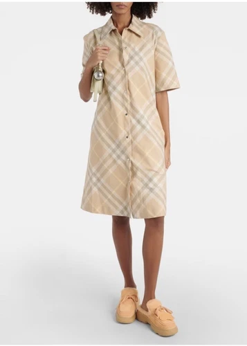 Abito Camicia Burberry Check Maniche Corte Cotone Lino IP Check IT 44 US 12 $1150