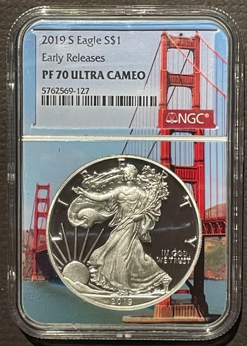 2019-S $1 SILVER AMERICAN EAGLE NGC PF70 Early Releases Golden Gate : 07323