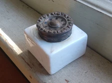 1840s HAND BLOWN OPAL GLASS SQUARE INKWELL WITH ORIGINAL BRASS SANDER TOP