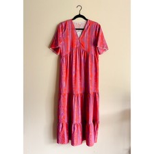 Pink + Purple Printed V Neck Short Sleeve Beachy Summery Tiered Maxi Dress Small