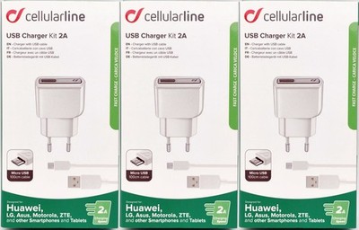 3x Cellularline USB Charger Ladegerät Kit 2A 10W 1m Micro USB Daten Ladekabel 1#