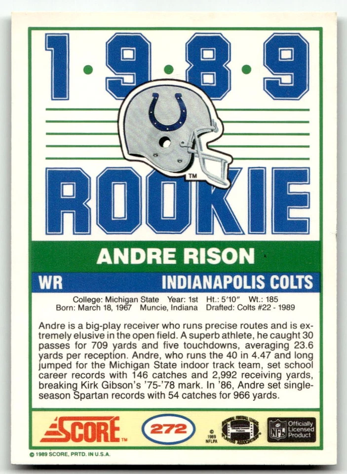 1989 Score #272 Andre Rison Indianapolis Colts RC MINT!! NO RESERVE! - Image 2 of 2