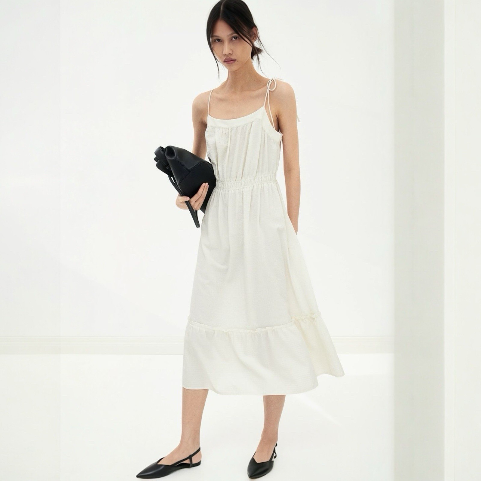 H&M Tie Strap Midi Dress Size Small White Textured Woven Ruffle Hem Viscose Boho