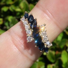 14k Solid Yellow Gold Natural Marquise Blue Sapphire Diamond Ring Size 6.5