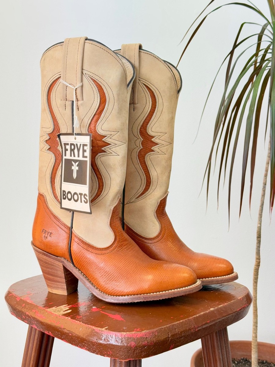 Vintage 1970s Frye Longhorn Inlay Leather Cowgirl Boots 