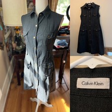 Calvin Klein Dress Womens Small Gray Shirt Snap Up Collar Military Sleeveless
