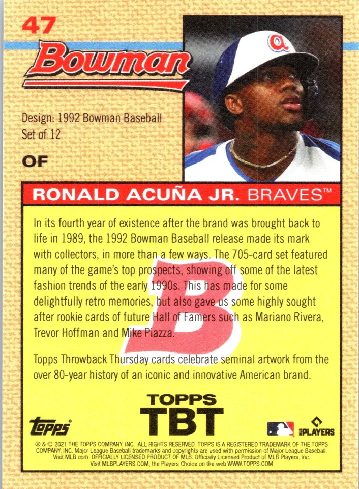2021 Topps Throwback Thursday #TBT Online Exclusive /1640 Ronald Acuna Jr #47 - Image 2 of 2