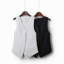 Women Linen Cotton Waistcoat Button Slim Uniform Suit Vest Gilet Sleeveless Coat