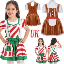 UK Kids Christmas Costume Ruffle Cuffs Short Sleeve Dress Candy Cane Dress Up