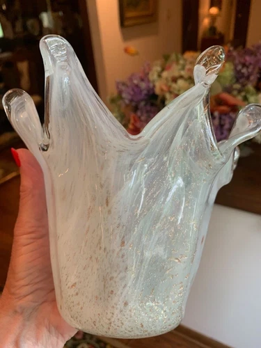 Hand blown  art glass Marano handkerchief vase gold flakes has original sticker