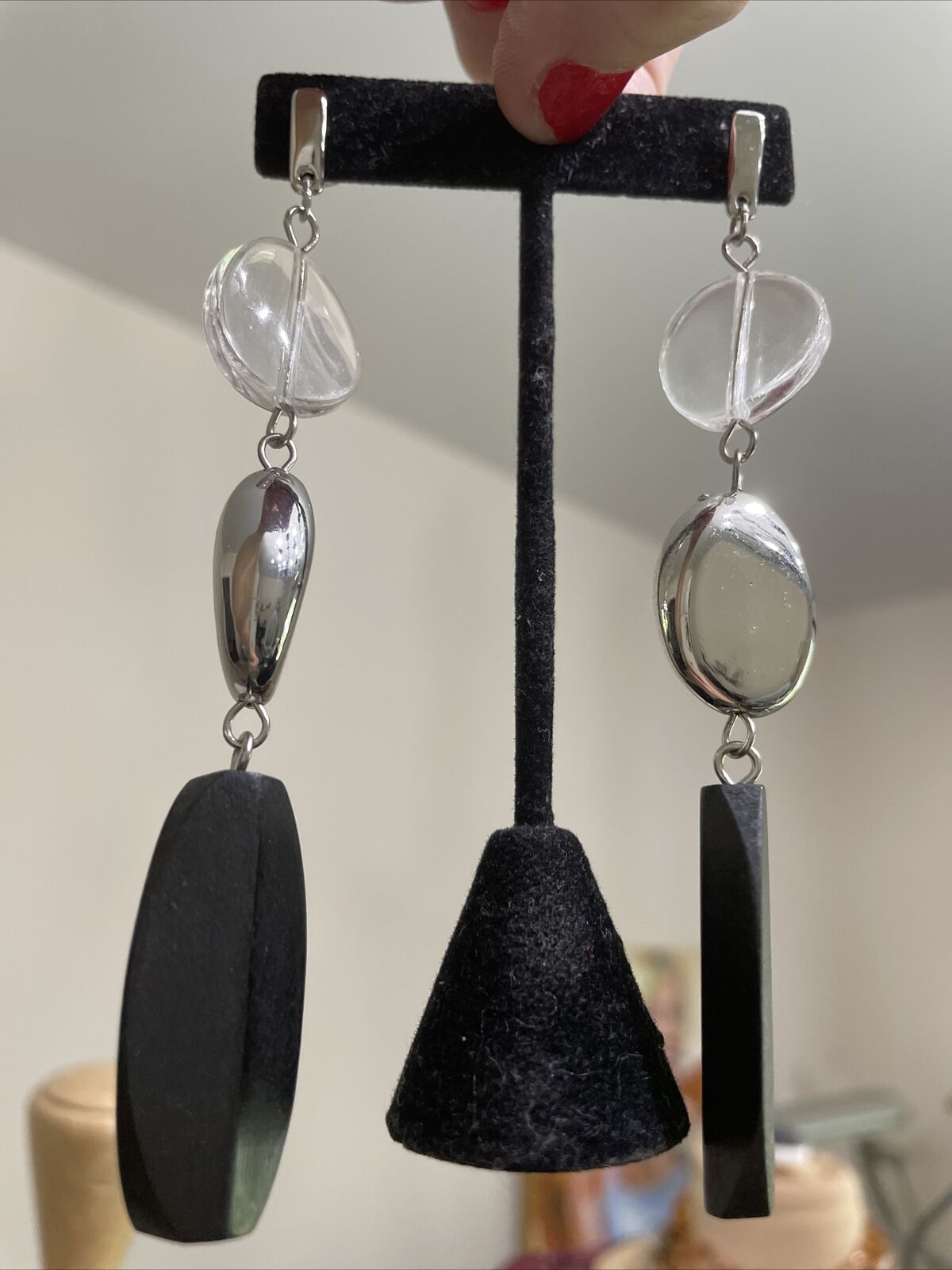 Modernist Black Silver Clear Long Dangle Earrings… - image 8