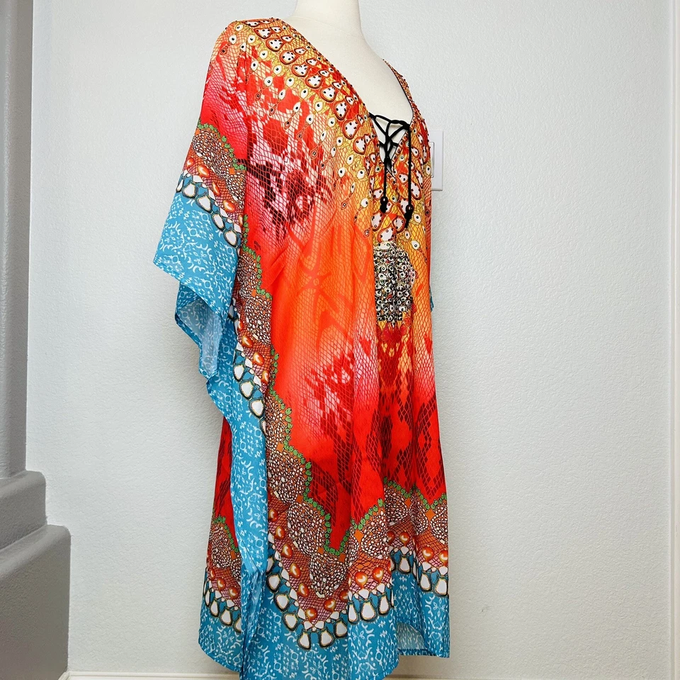 Túnica Ashley Taylor naranja/azul/multi lentejuelas cuello en V playa cubierta talla única nueva con etiquetas Foto 2 de 4