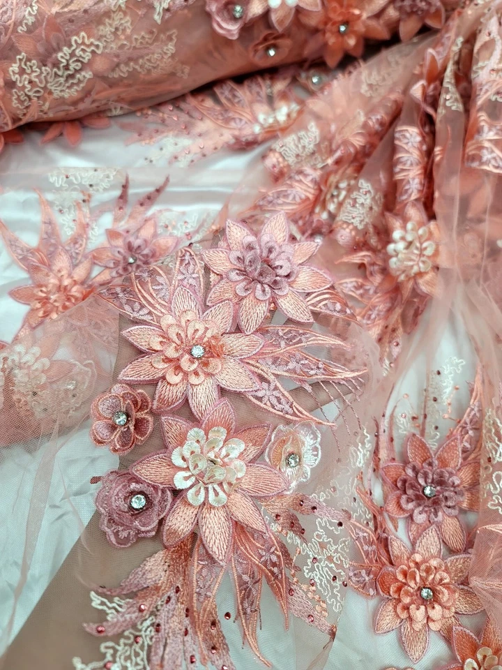 Coral Lace Embroidery 3d Floral Flowers Embroidery Prom Fabric Sold By The Yard  - Image 4 of 4