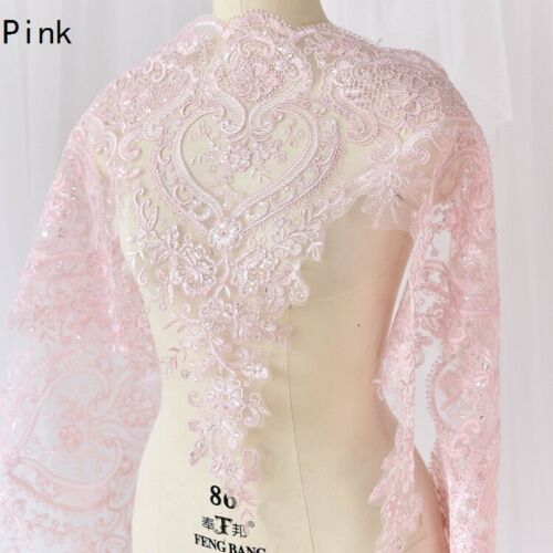 90cm Lace Sequin Edge Trim Wedding Dress Embroidered Flower Applique DIY Fabric - Picture 10 of 32
