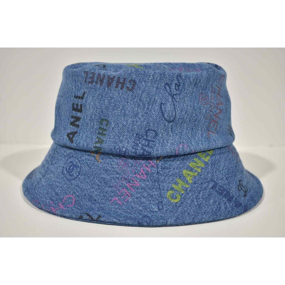 Chanel 22P Blue Black Pink Denim Graffiti CC Logo Sun Cloche