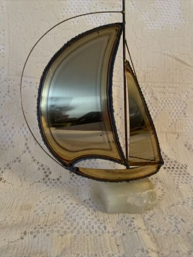 Vintage MCM Brass Sailboat Ship Metal Sculpture Signed Onyx Base 12” Tall - Picture 1 of 8