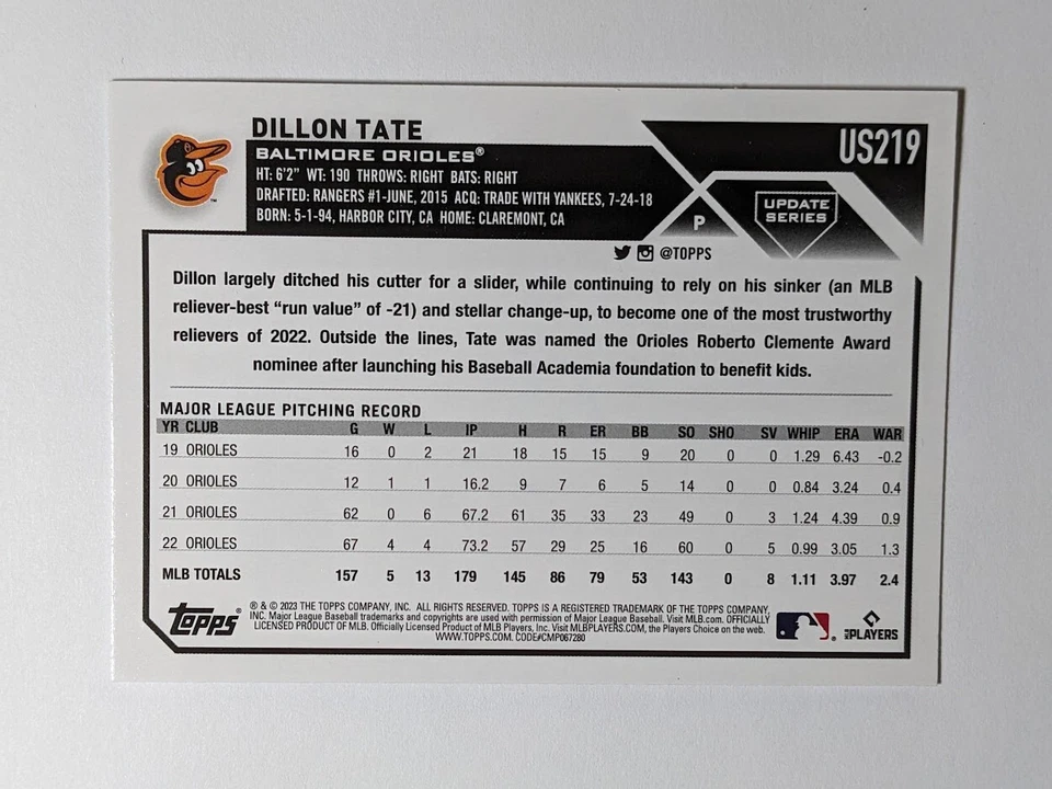 2023 Topps Update Series DILLON TATE Silver Foilboard #US219 Orioles - Image 2 of 2