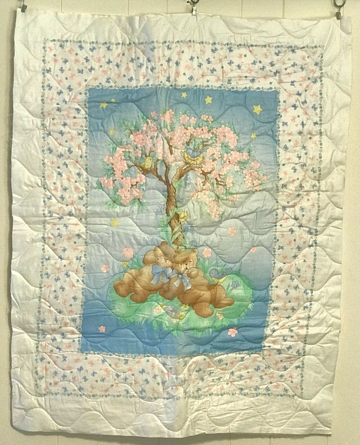 Vintage Blue Pink Teddy Bear Dogwood Tree Bird Fabric Baby Blanket Panel with Bows