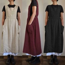 Women's Cotton Linen Cross Back Apron Housework Wrap Pinafore Dress S-5XL