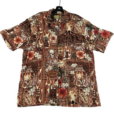 Artool Hawaiian Shirt Mens Large Tiki Skull Flame Floral Volcano Rayon Retro