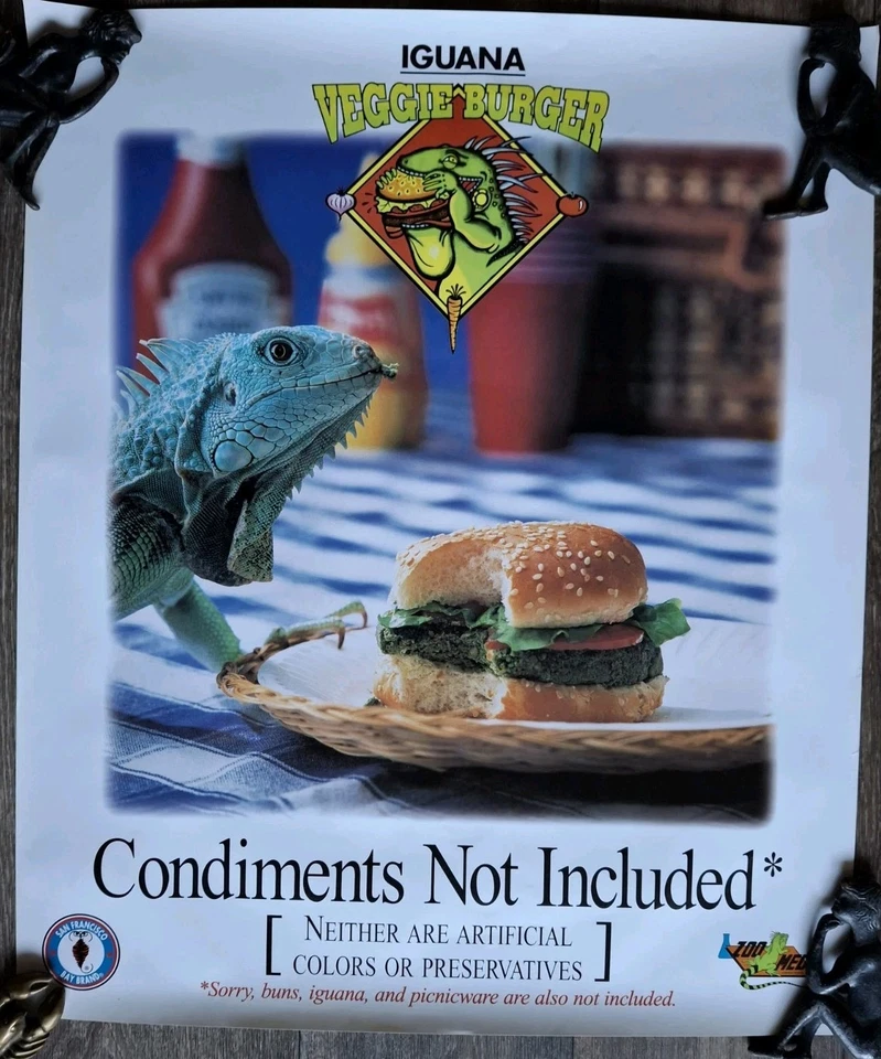 Póster publicitario vintage de acuario pecera reptil zoológico hamburguesa vegetariana años 90 Foto 2 de 4