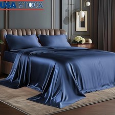 Satin Sheets Queen Size Bed Set Soft Navy Silky Sheets for Hair and Skin 4 Piece