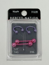 2 Pair Surgical Steel Nipple/Ear Rings Straight Barbell & Horseshoe Piercing 14G