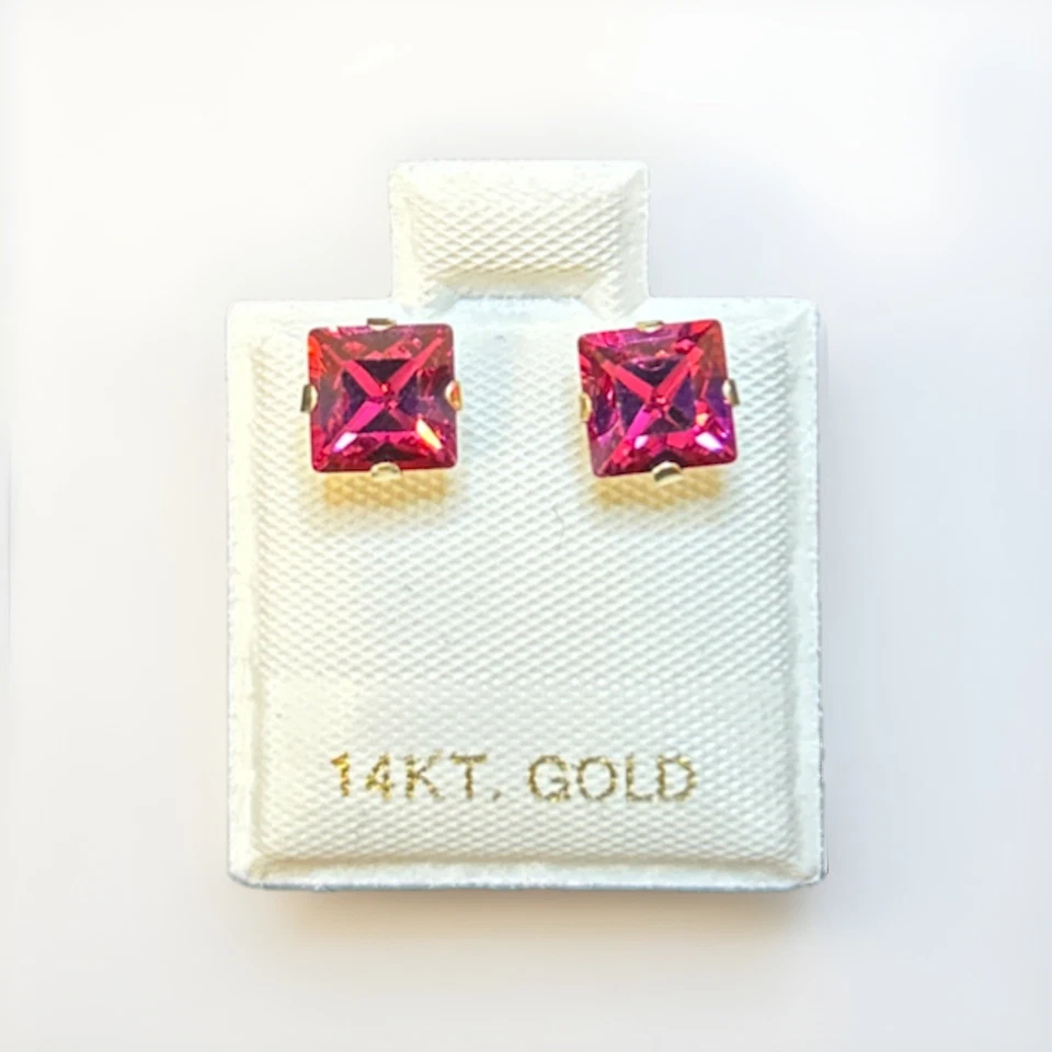 14 k Gold 6 mm Square Ruby earrings ￼ lab created - Image 3 of 4
