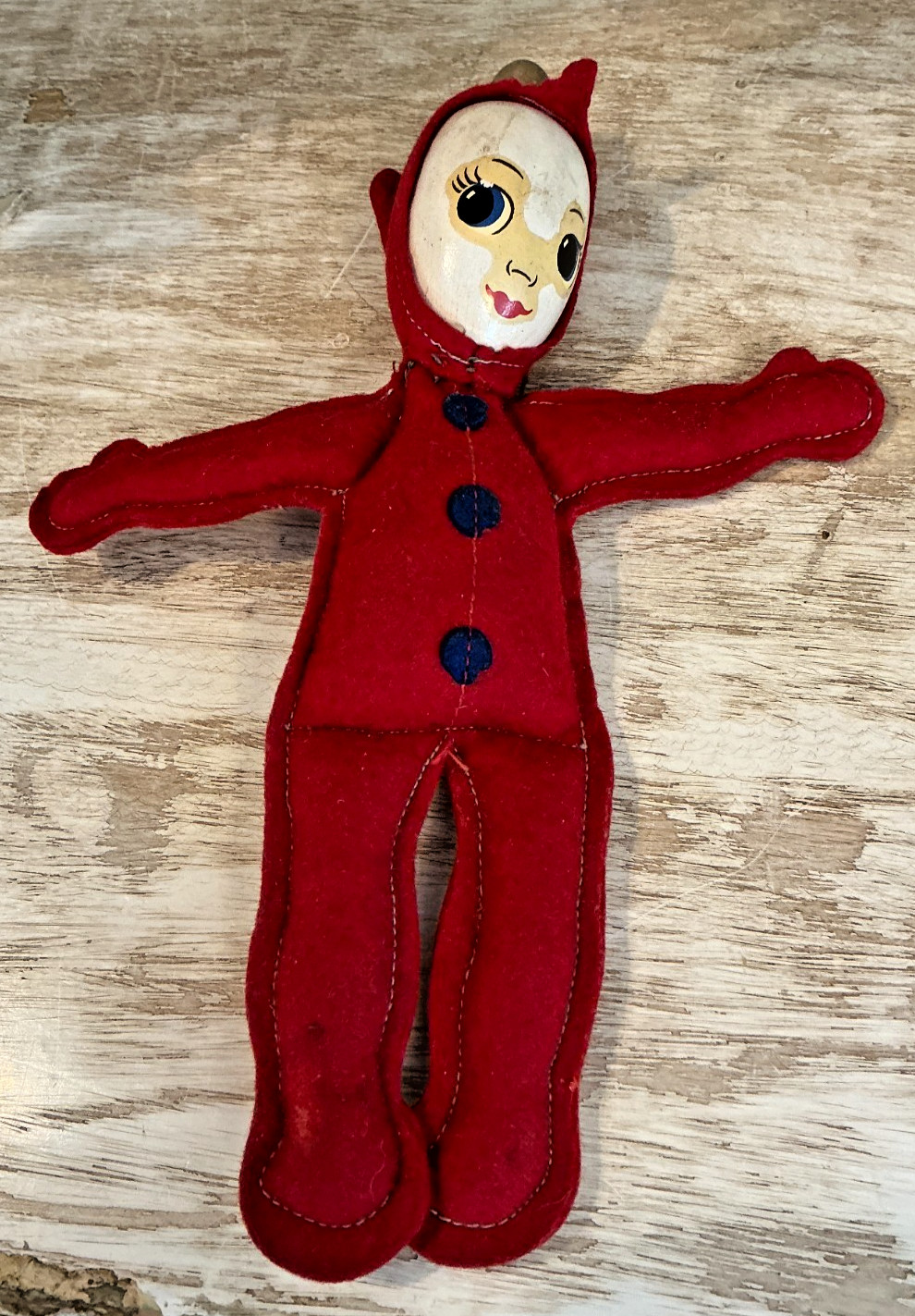 Vintage Primitive Two-Faced Wooden Head Doll Red Felt Body Folk Art 9&rdquo;