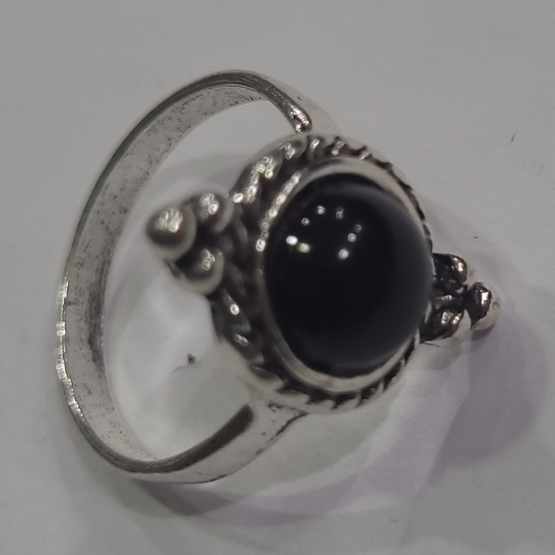 Silver Tone Stainless Steel Round Black Stone Bezel Ring Size 6 Cocktail