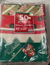 VTG NOS Cleo Christmas Wrapping Paper 50 Sq/Ft Flat Gift Wrap 8 Sheets,8 Designs