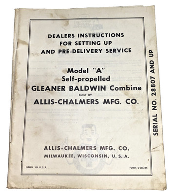 USED PRE DELIVERY SERVICE BOOK FOR ALLIS CHALMERS A COMBINE DSM-2E