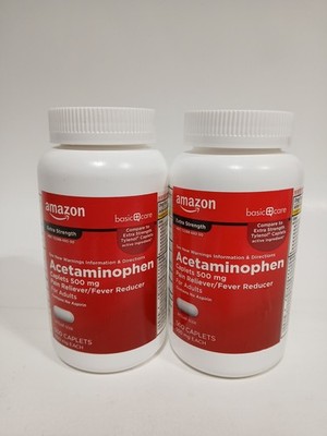 Lot of 2 Amazon Basic Care Extra Strength Acetaminophen, 500mg, 500 caplets each