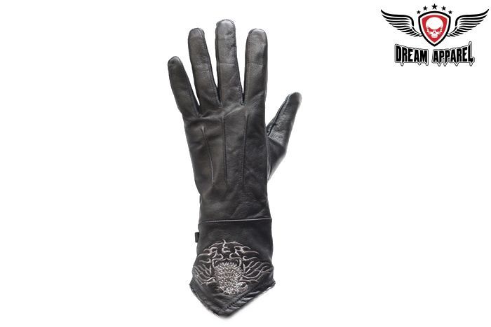 Women's Motorcycle Bike Riding Full Finger Black Leather Gloves W/ Eagle Design