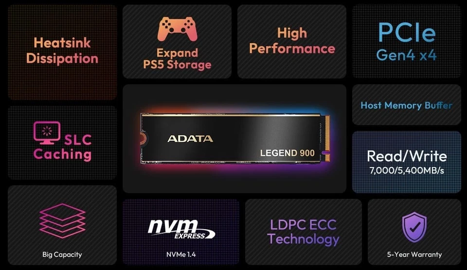 ADATA 1TB SSD Legend 900 PCIe Gen4x4 NVMe M.2 Internal Gaming SSD - Image 3 of 4